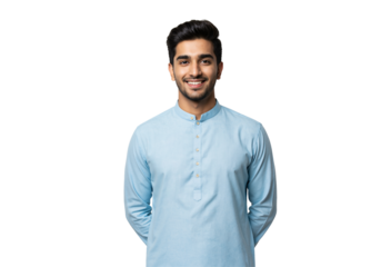 Portrait of a Smiling Young Adult Male Wearing a Light Blue Traditional Shirt Against a Black Background, Showcasing a Friendly Expression and Engaging Personality.