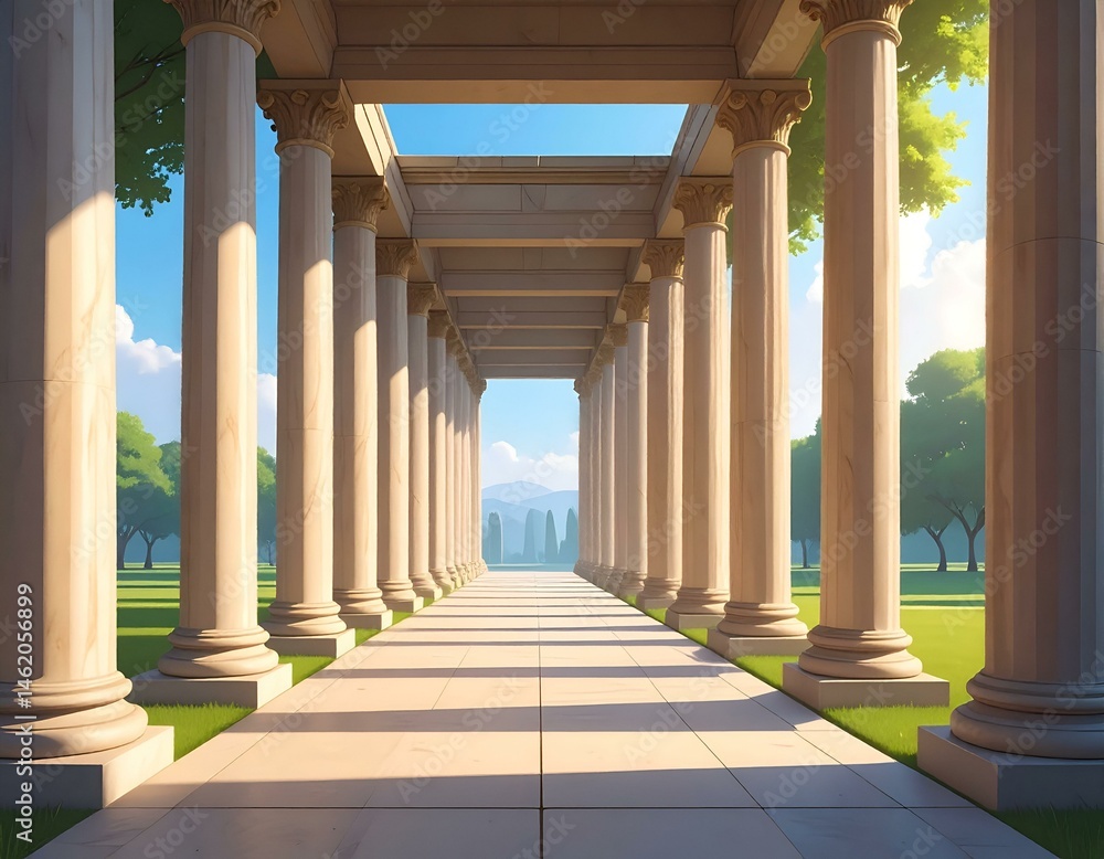 Poster serene pathway lined with ancient columns under a bright sky. ideal for game backgrounds, website ba