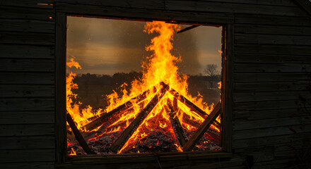 Burning Firewood Seen Through Old Building Window