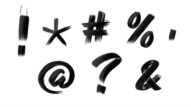 Set of 8 paint brush hand drawn font special symbols. Black grunge doodle scribble sketch exclamation mark, asterisk, hashtag, percent, dot, at, question and ampersand on a transparent alpha channel.