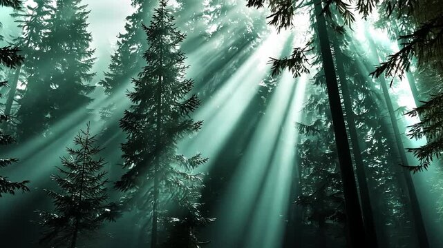 Sunlight filtering through tall trees in a serene forest environment
