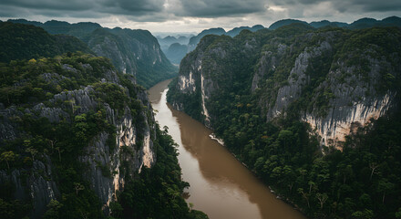 River Flowing Through Rocky Cliffs and Green Forest