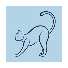 Elegant minimalist line art illustration of a stretching cat in a soothing blue color