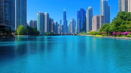 Fototapeta premium Stunning Chicago Skyline Cityscape Reflected in Vibrant Blue River Water on a Sunny Day