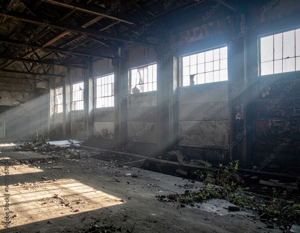 Poster sunbeams illuminate a derelict factory interior, dust motes dancing in the light. decaying structure