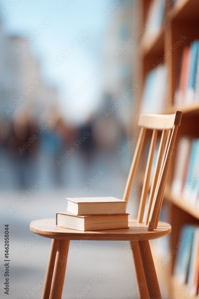 Poster minimalistic bookstore image showcasing small table with neatly arranged books sunlit interior with 
