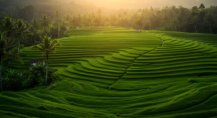 Green Rice Terraces at Sunrise Agriculture Landscape