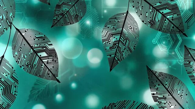 Digital leaves with circuit patterns create an eco-friendly backdrop for creative projects
