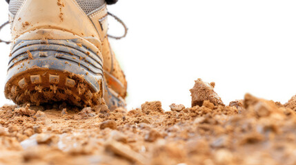 Obraz premium Close-Up of Hiking Boot in Muddy Terrain with Dusty Ground and Outdoor Adventure Atmosphere
