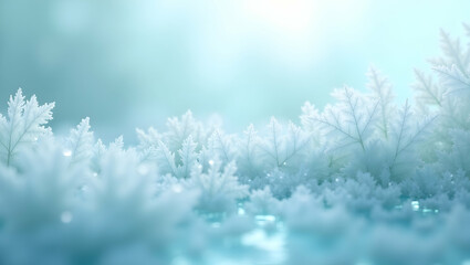 Serene Still Life, Delicately Intricate Abstract Texture of Frosted Leaves against a Soft, Dreamy Blue Background, Conveying Tranquility and Winter's Beauty