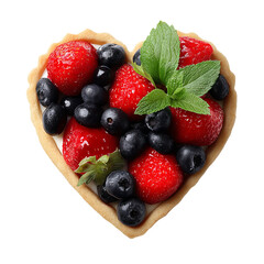 Obraz premium A heart-shaped tart filled with fresh strawberries and blueberries, topped with a sprig of mint. A perfect dessert for a romantic occasion, or to simply enjoy a sweet treat.