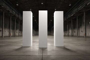 Three large, blank, white pillars stand in a wide, industrial warehouse space