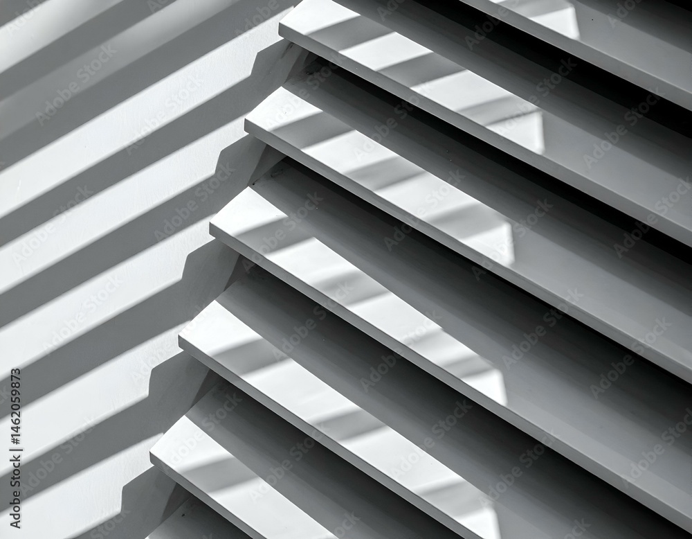 Poster abstract image of white slats with contrasting shadows, creating a modern geometric design. perfect 