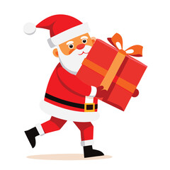 Santa Claus carrying a large red gift with a white bow on his back as he walks on white  background