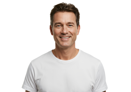 Smiling Middle-Aged Caucasian Man in Plain White T-Shirt Against a Black Background, Exuding Confidence and Approachability