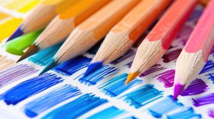 Vibrant Colored Pencils Over Blue Paint Strokes on White Background for Art and Creative Projects