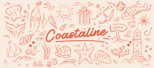 Fototapeta premium set of Red toned illustration of beach and sea life objects. Hand drawn beach doodle illustration design