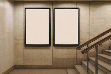 Two blank vertical poster frames on a wall inside a stairway.  Beige walls, wooden frames, empty posters, and metal stair railing