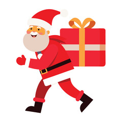 Santa Claus carrying a large red gift with a white bow on his back as he walks on white  background