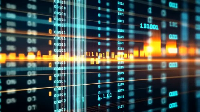 Abstract digital display with binary code and data visualizations