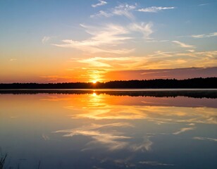 Obraz premium Serene sunset over a calm lake, reflecting the vibrant colors of the sky. Perfect for nature, travel, and relaxation themes.