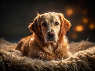 Obraz premium Adorable Fluffy Dog Relaxing on Blanket - Low Light Photography