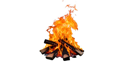 Fiery bonfire burning bright at night. Warm, intense flames against a black background.