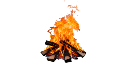 Fiery bonfire burning bright at night. Warm, intense flames against a black background.