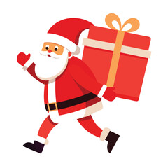 Santa Claus carrying a large red gift with a white bow on his back as he walks on white  background