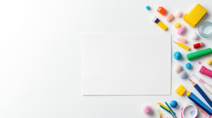 Blank Paper Colorful Art Supplies Bright Minimalist Style High-Resolution Flat Lay Composition Cheerful Craft Supplies Imagination White Background Vibrant Hues Educational Marketing