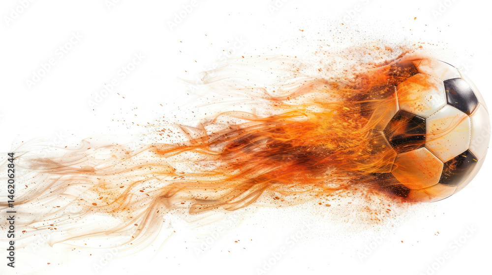Poster dynamic motion of a soccer ball with flames and sparks creating an energetic and vibrant effect for 