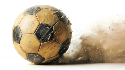 Naklejka premium A worn soccer ball rolling on a dusty surface, creating a cloud of dust in an outdoor sports setting, showcasing motion and excitement in play.