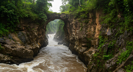 River Flowing Through Rock Arch with Jungle Landscape