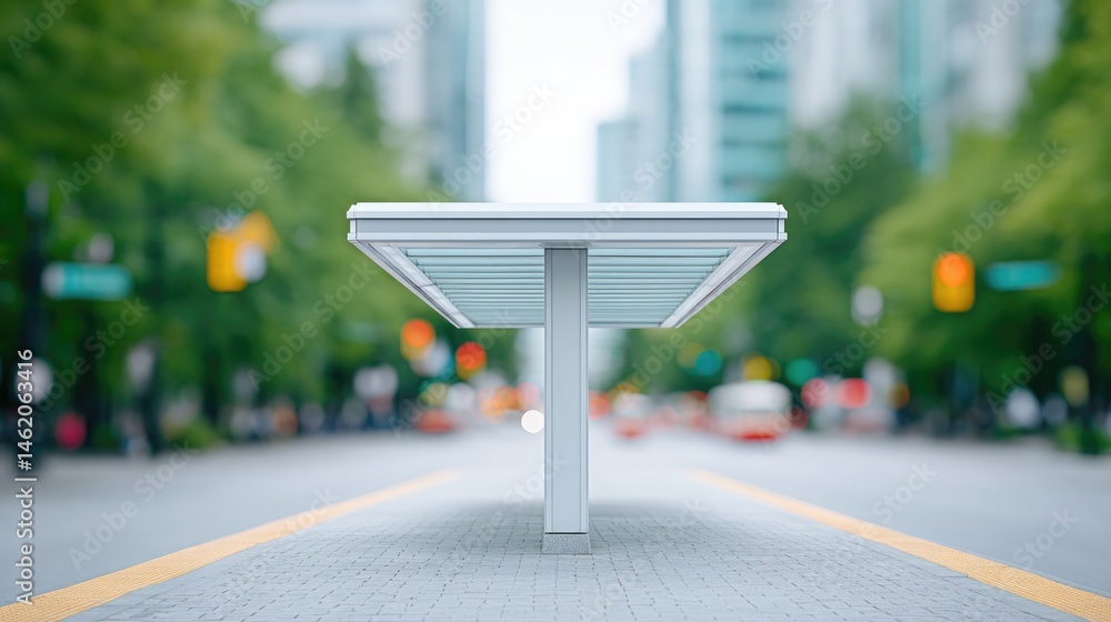 Poster minimalistic image of bus stop with modern architecture and few passengers waiting offering ample co