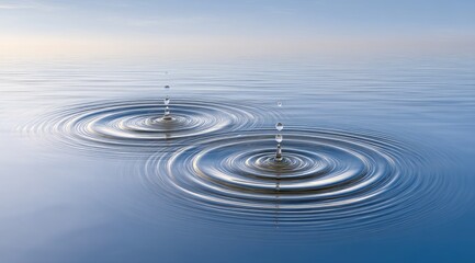 Two water droplets impact, creating concentric ripples on a tranquil surface.  Clear, reflective drops and  smooth, symmetrical ripples.  Soft, light blue tones, suggesting a serene morning or evening
