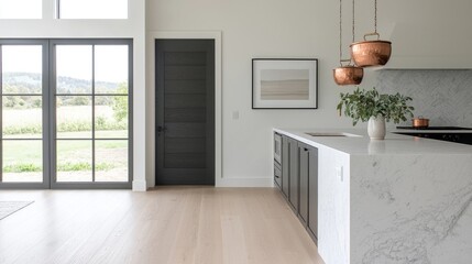 Modern farmhouse kitchen with large windows, showcasing a bright, airy space.  Dark cabinets contrast with white marble countertops and light wood floors.  Copper pendant lights add a touch of warmth