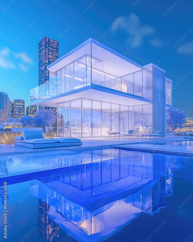 Poster modern architectural design featuring a multi-story glass structure reflecting in a serene pool unde