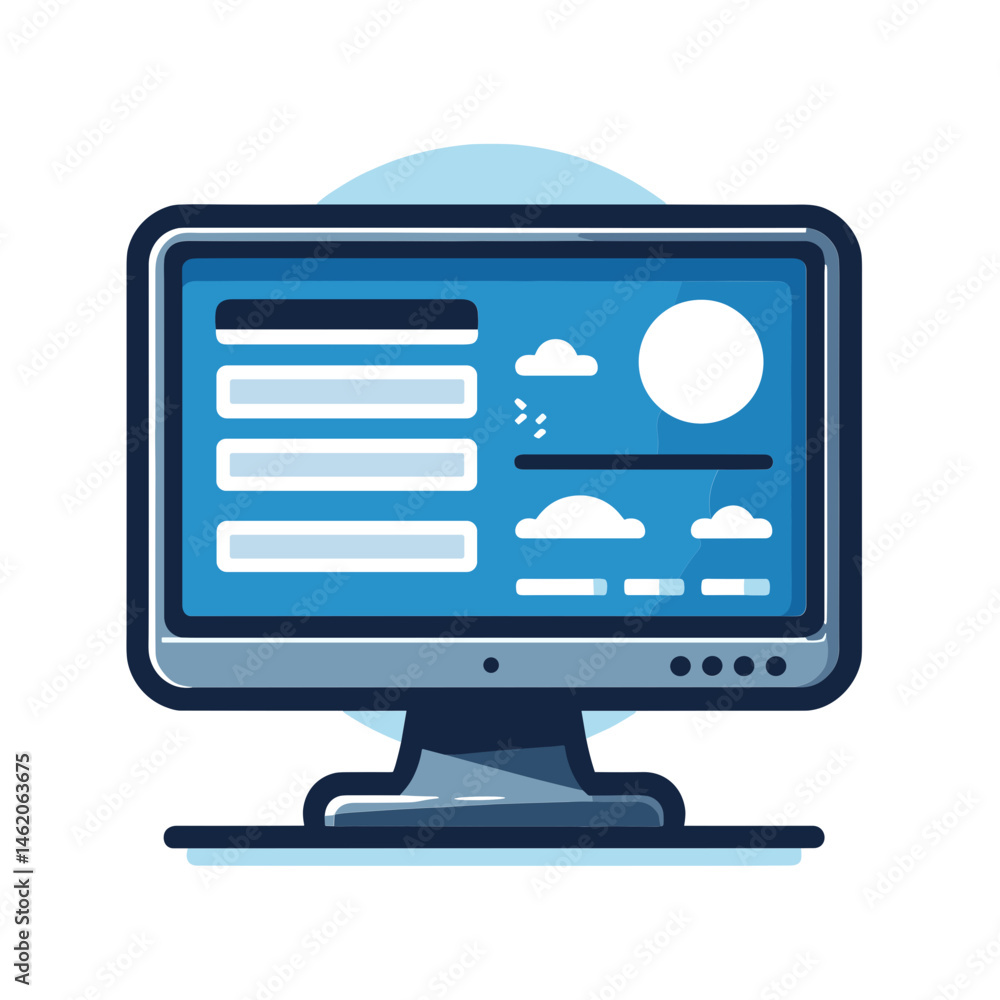 Poster stylized computer screen displaying a weather application in a modern vector illustration