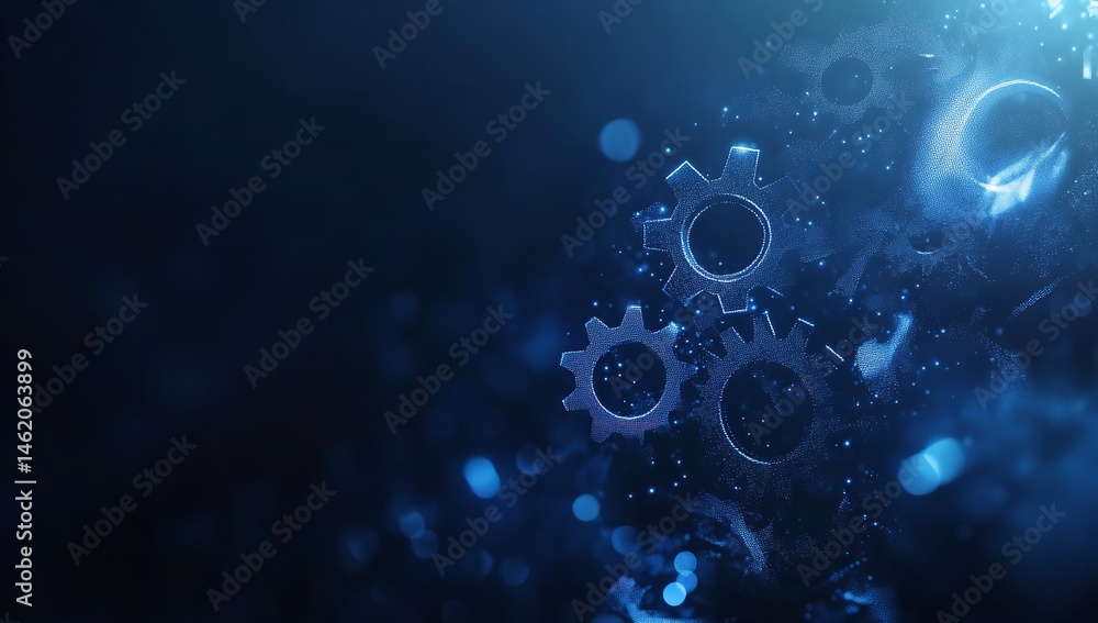 Poster intricate glowing gears digital technology abstract network system design blue bokeh background