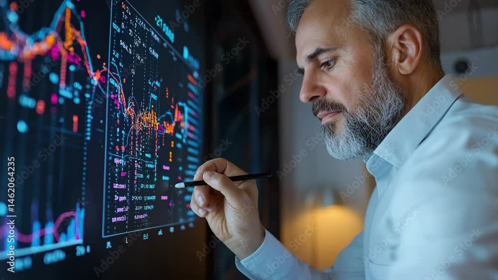 Poster professional man analyzing financial data on digital screen display