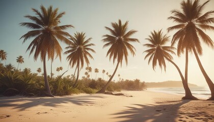 Obraz premium Sun-drenched palm trees fringe a vintage-toned sandy beach, film grain adds texture , golden, film flare, yellow