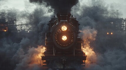 Steam locomotive emerging from thick smoke, industrial setting.
