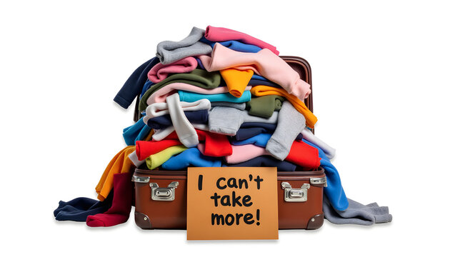 Overflowing suitcase with colorful clothes and humorous sign