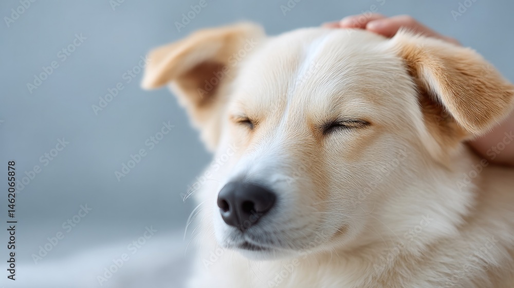 Poster minimalistic image of hands gently grooming content dog clean background with ample copy space for t
