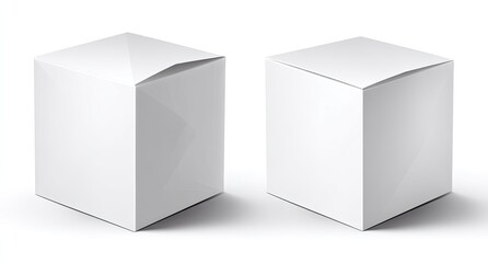 Two blank white square boxes, one open, one closed, on white background.  Side view, showcasing foldable design
