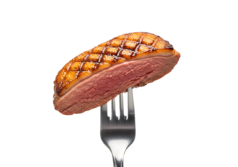 A juicy piece of roasted duck breast, perfectly seared and glistening, sits atop a fork.