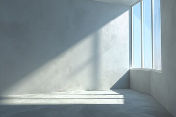 Obraz premium Empty room with natural light casting shadows on light gray walls and floor. Large window in corner