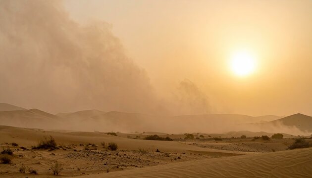 Desert landscape at sunset with sandstorm. Golden hour light, hazy atmosphere, sand dunes, arid environment.