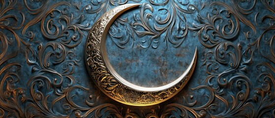 Ornate golden crescent moon on a dark blue metallic background with embossed floral details.