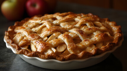 Warm freshly baked apple pie with golden flaky crust served with cinnamon dusting 